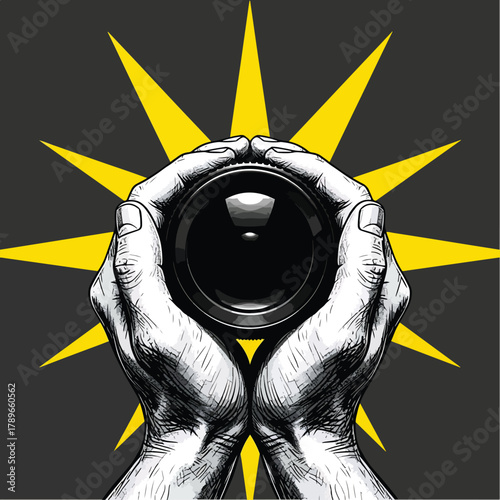 Hands holding camera lens with sunburst graphic