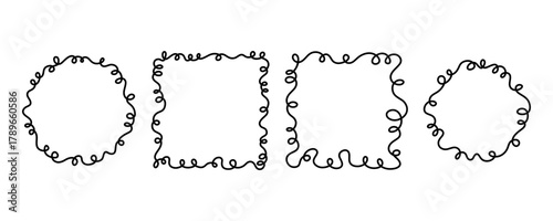 Set whimsical frames defined by squiggle lines. Hand drawn doodle vector elements for notes, photos, and decorative design projects. Square and round hand drawn line frames for wedding invitations.