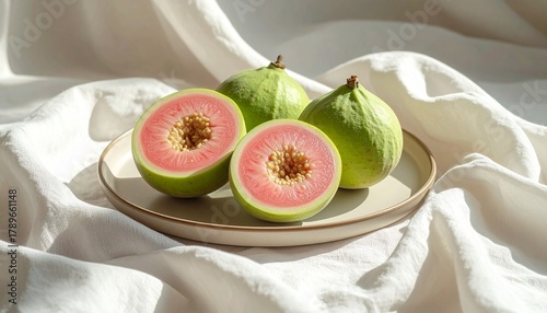Freshly Sliced Guava Fruit on a Plate, Showcasing its Vibrant Pink Interior and Green Skin