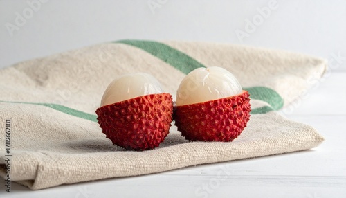 Freshly peeled, exquisitely sweet lychee fruits, showcasing their translucent white flesh on a natural linen cloth, embodying tropical refreshment