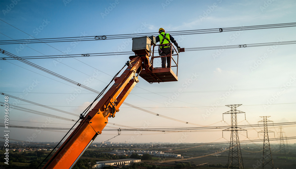 Obraz premium Electrical worker in cherry picker maintaining power lines at sunset with transmission towers