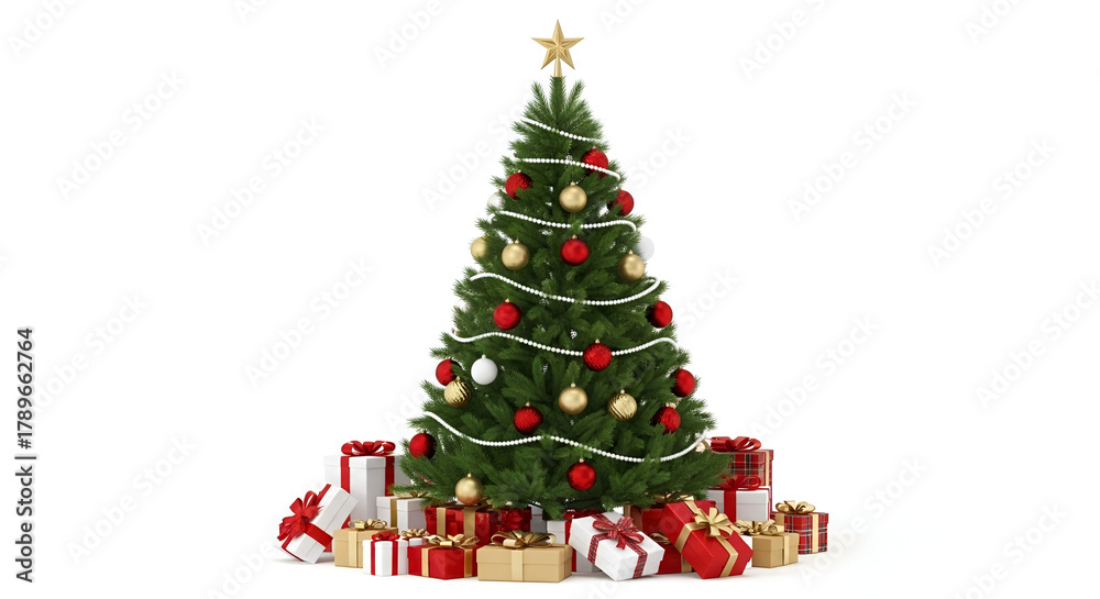 Fototapeta premium Fully decorated realistic christmas tree with red ornaments green garland and gifts at the base isolated on white background