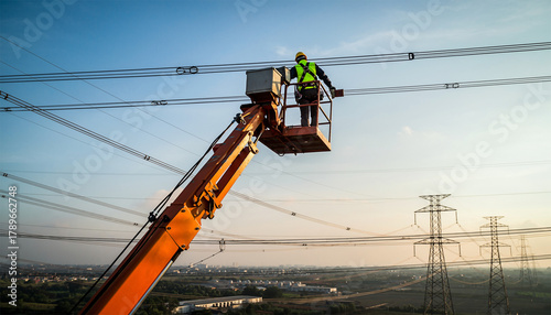 Electrical worker in cherry picker maintaining power lines at sunset with transmission towers