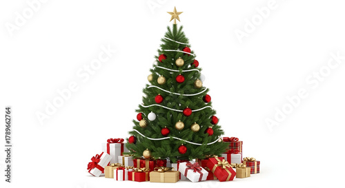 Fully decorated realistic christmas tree with red ornaments green garland and gifts at the base isolated on white background