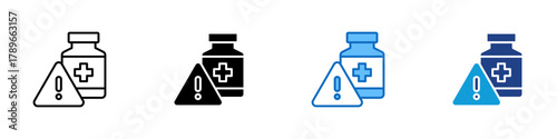 Side Effect Multiple Style Icon Design Vector - warning triangle with a medicine bottle representing drug side effects and caution in usage