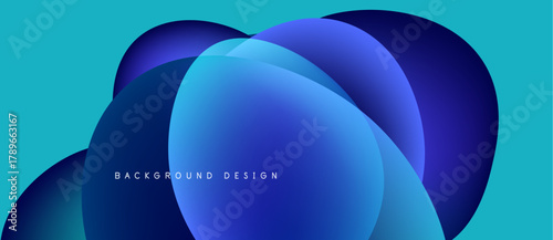 Abstract fluid shapes overlap, creating vibrant blue gradients. Turquoise background complements design elements. Modern aesthetic.
