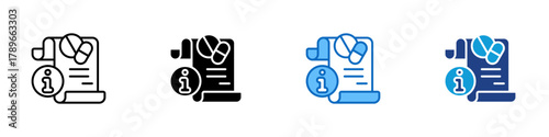 Drugs Instruction Multiple Style Icon Design Vector - Scroll paper with pills and info sign, symbolizing medication guide or prescription information