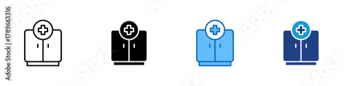 Medicine Cabinet Multiple Style Icon Design Vector - Wall mounted medicine cabinet with a medical cross symbol for storing first aid supplies and medications