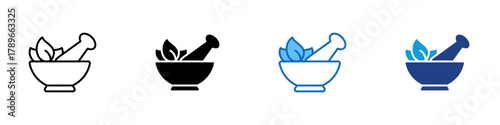 Herbal Bowl Multiple Style Icon Design Vector - mortar and pestle with leaves, representing herbal medicine or natural remedies
