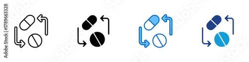 Drug Interaction Multiple Style Icon Design Vector - Two pills connected by arrows, symbolizing medication interaction and compatibility between drugs