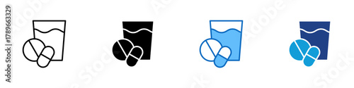 Medicine Glass Multiple Style Icon Design Vector - glass of water with capsules, representing medication intake and prescription routine