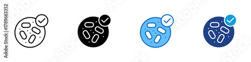 Probiotic Multiple Style Icon Design Vector - circular form showing bacteria and a checkmark symbolizing healthy gut and good bacteria