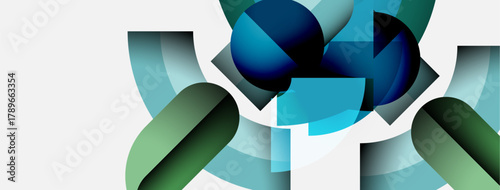 Abstract shapes overlap, creating dynamic composition. Blue, teal, green hues dominate white background. Modern design elements present.