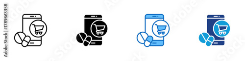 Online Pharmacy Multiple Style Icon Design Vector - Smartphone with pills and a shopping cart symbol, representing online medicine purchase or e-pharmacy