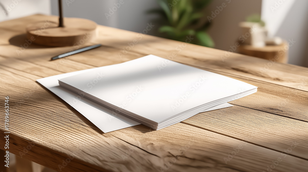 Fototapeta premium Stack of Blank Papers on Wooden Table with Pen and Lamp