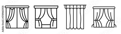Home interior curtain window treatment vector outline icons set