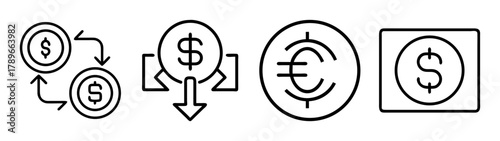 Currency exchange, payment, dollar and euro finance line icon set