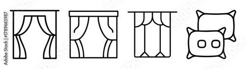 Home decor icons: curtains with valances, drapes, and pillows