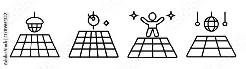 Disco party floor, person dancing, music, lights, vector icon set