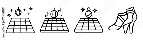 Disco party nightlife elements, dance floor and high heels icons