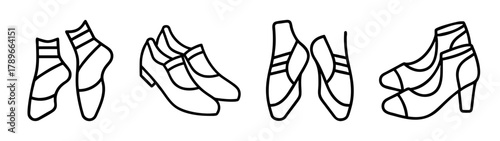 Footwear collection line art icon set: socks, flats, ballet shoes, boots.