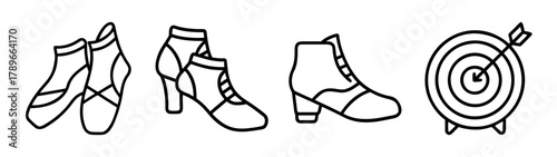 Collection of line art icons: ballet shoes, boots, target with arrow.