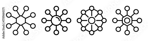 Network connection distributed and centralized hub line icon set