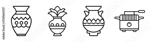 Outline icon set featuring traditional vases and popcorn machine