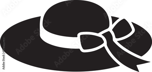 Classic black vector hat silhouette showing a wide brim and an elegantly tied ribbon detail