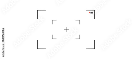 Photo or Video camera viewfinder screen. Includes vector display frame, focus and grid, zoom, shutter, preview.