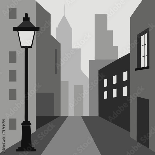 A grayscale of a narrow city street with tall buildings and a vintage street lamp post vector on white background.