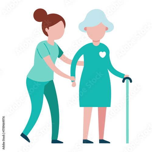 A nurse helps an elderly woman to walk vector on white background.