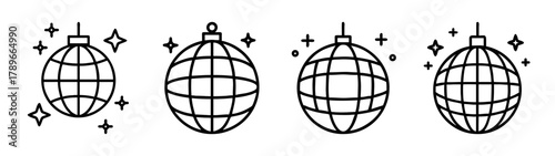 Shining disco ball line icons set, celebration and party symbols