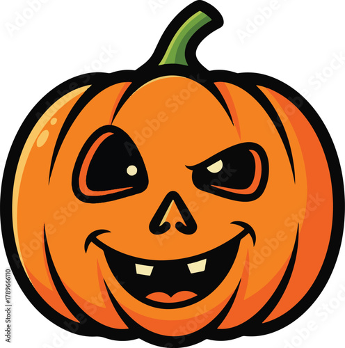  An expressive, slightly menacing cartoon jack-o'-lantern with a wide, mischievous grin, squinted evil eye, and one playful, winking eye.