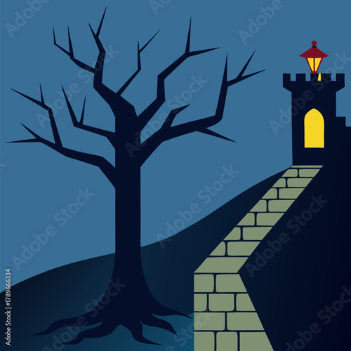 A solitary bare branched tree with an old fashioned gas lamp illuminates a cobblestone path leading to ancient stone castle ruins and a tall tower vector landscape background.
