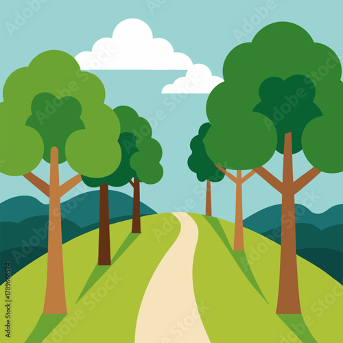 A view of a grove with trees in the foreground with a path leading into the distance under a white sky vector landscape background.