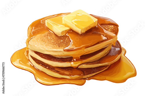 Stack of American Pancakes with Pouring Maple Syrup and Melting Butter Hand-Drawn Illustration