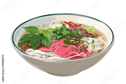 Traditional Vietnamese Pho Noodle Soup with Beef, Herbs, and Chili Peppers Hand-Drawn Illustration