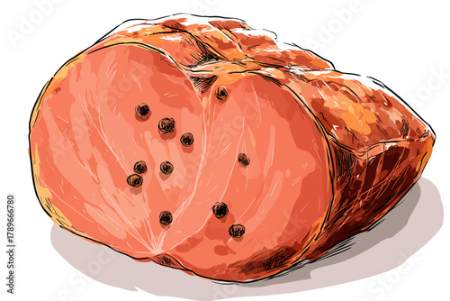 Hand-Drawn Illustration of Smoked Cooked Ham Loin with Black Peppercorns on White Background