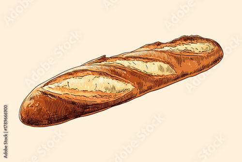 Hand-Drawn Traditional French Baguette Bread Loaf Vector Illustration