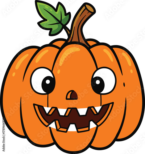  A cheerful, cartoon-style jack-o'-lantern with wide, round eyes and a toothy grin, featuring a single green leaf attached to its stem.