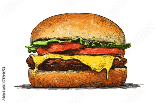 Hand-Drawn Classic Cheeseburger with Melted Cheese, Lettuce, and Tomato