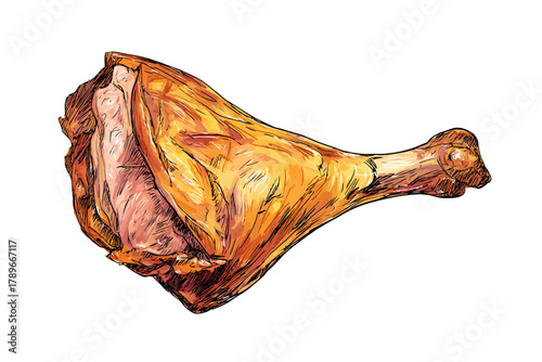 Delicious Roasted Duck or Goose Leg Hand-Drawn Illustration