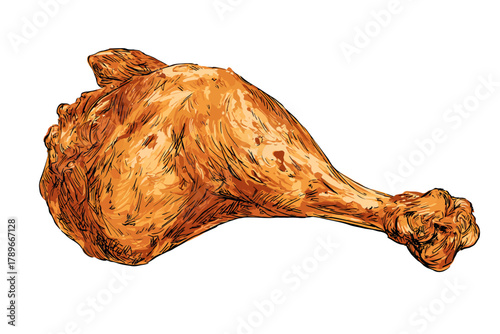 Whole Roasted Turkey or Chicken Leg Hand-Drawn Vector Illustration