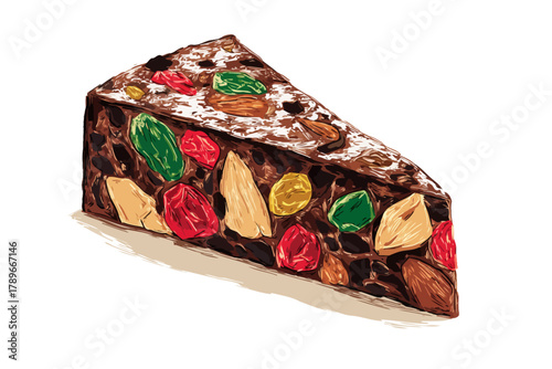 Slice of Festive Fruitcake with Candied Fruits and Nuts Illustration