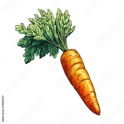 Fresh Organic Carrot with Green Leaves Hand-Drawn Illustration