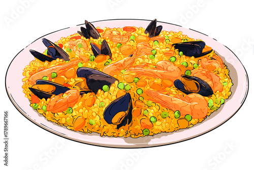 Traditional Spanish Seafood Paella Dish Vector Illustration
