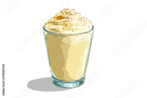 Hand-Drawn Illustration of Festive Eggnog Drink with Whipped Cream Topping and Nutmeg Spice