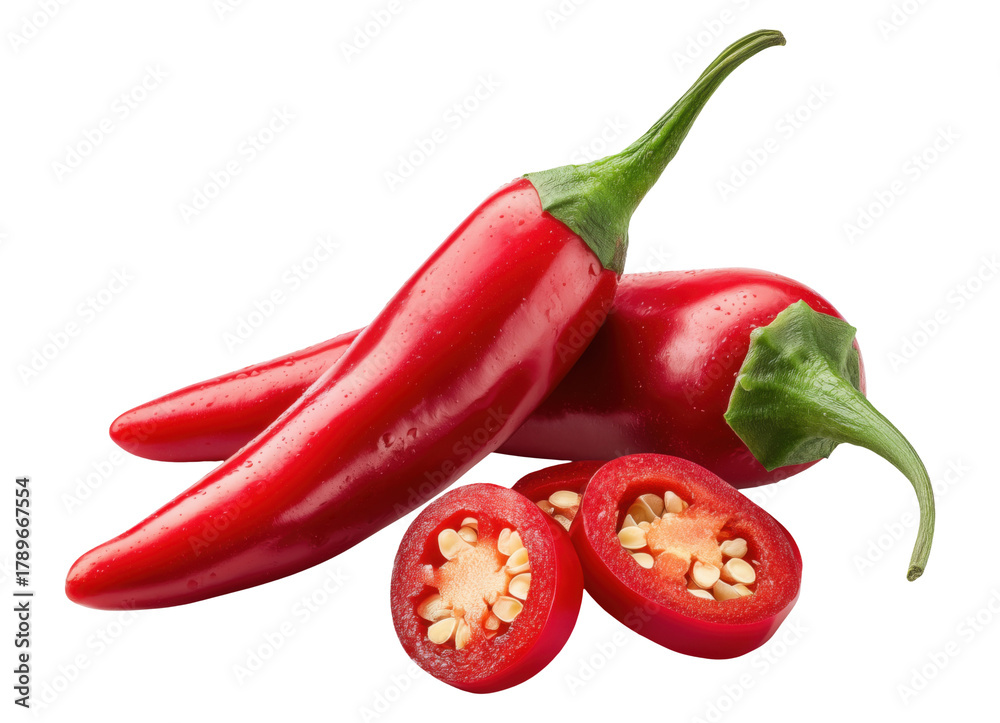 Naklejka premium Red chili peppers whole and cut showing seeds and flesh, isolated on transparent background