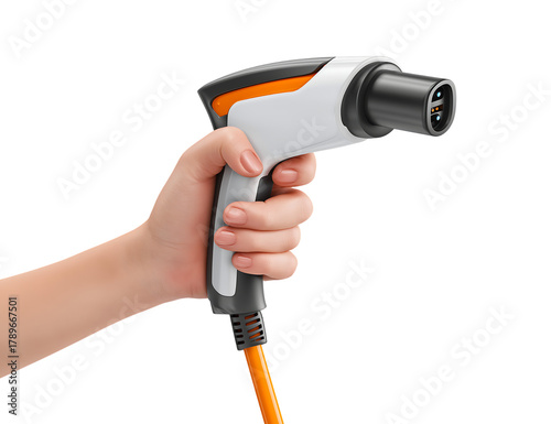 Hand Holding Modern EV Charging Plug isolated on transparent background